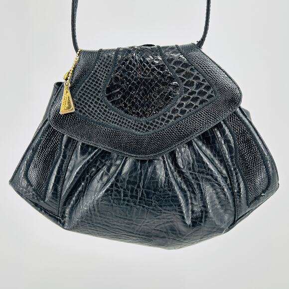 Vintage 70s 80s Bags by Sylvia Black Faux Leather + Authentic Snake Skin Purse - Picture 1 of 8
